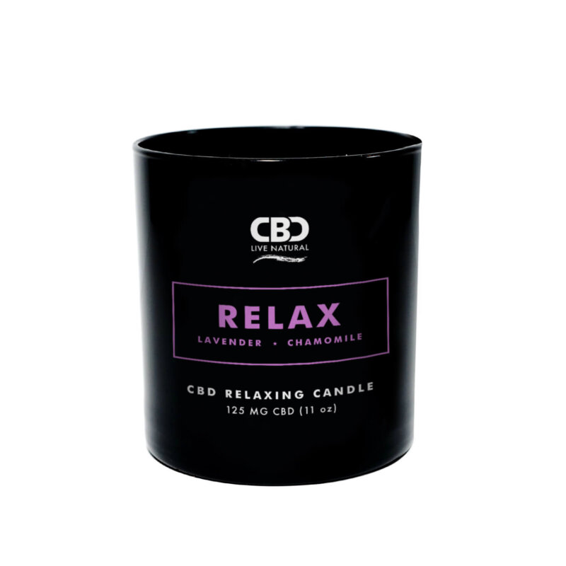 Black Tumbler candle with the words Relax in purple