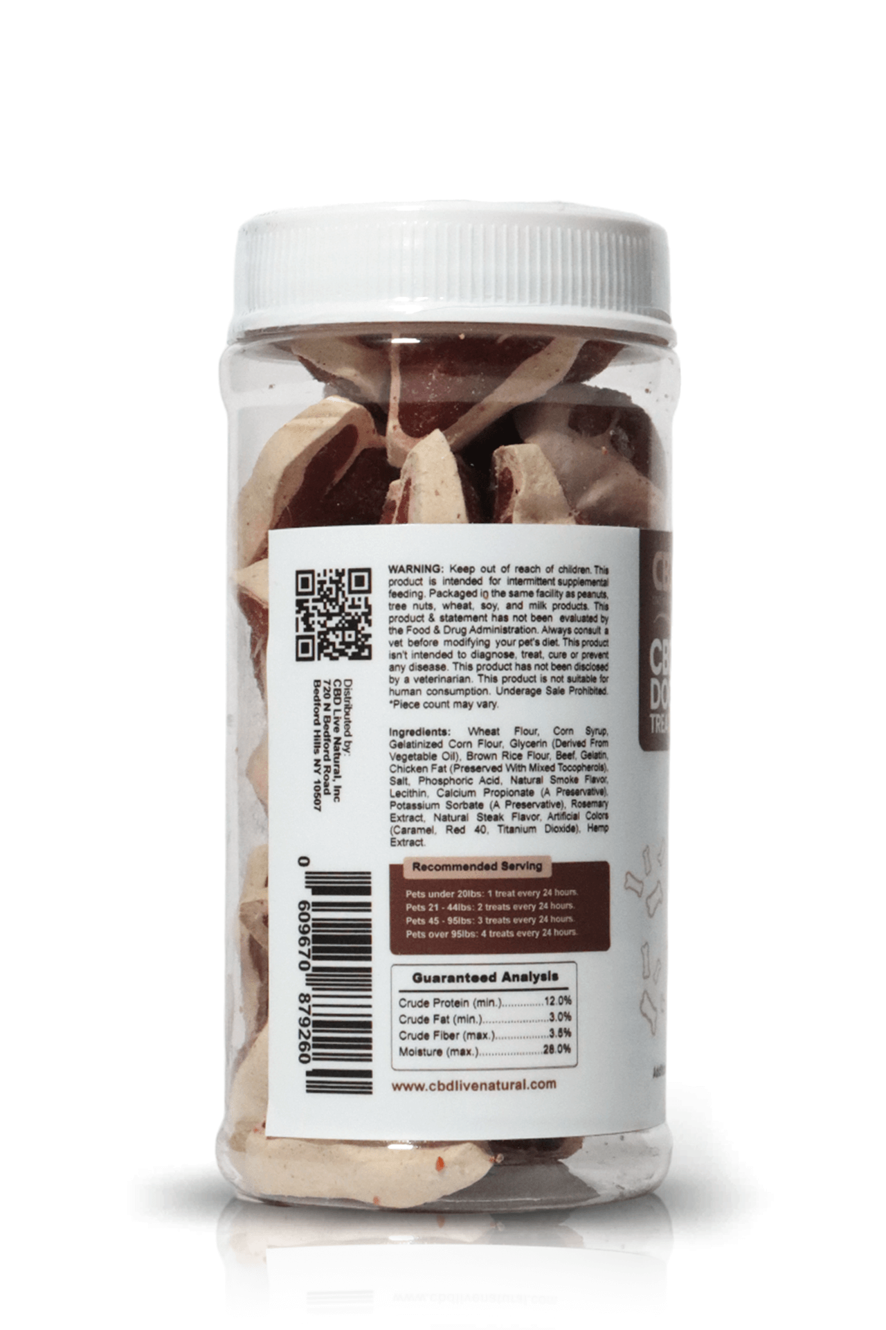 CBD Dog Treats Steak Bites 400mg jar filled with dog treats, displaying a detailed label with warning, ingredients, and nutritional information.