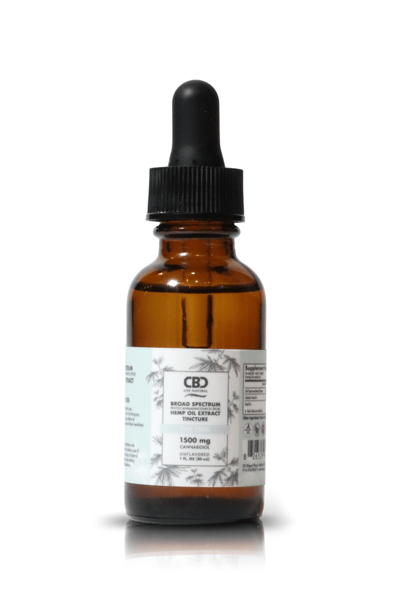 A brown glass dropper bottle labeled as "CBD Hemp Oil Extract (THC Free) - Unflavor 1500mg" on a white background.