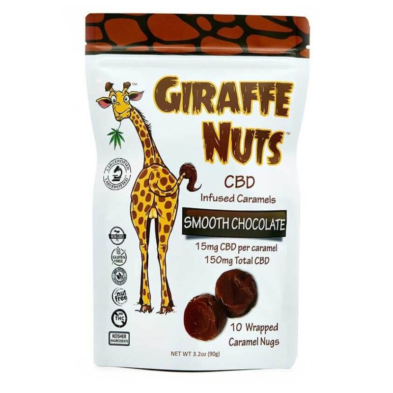 A package of "15mg CBD Caramels – Smooth Chocolate – 10 Piece" featuring a cartoon giraffe, advertising smooth chocolate flavor with 15mg cbd per caramel.