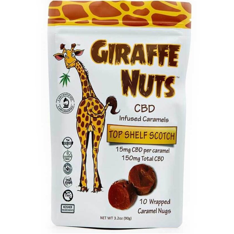 A package of "15mg CBD Caramels - Smooth Chocolate - 10 Piece" featuring an illustration of a giraffe, labeled as infused cbd caramels with top shelf scotch flavor, containing 150mg cbd per caramel.