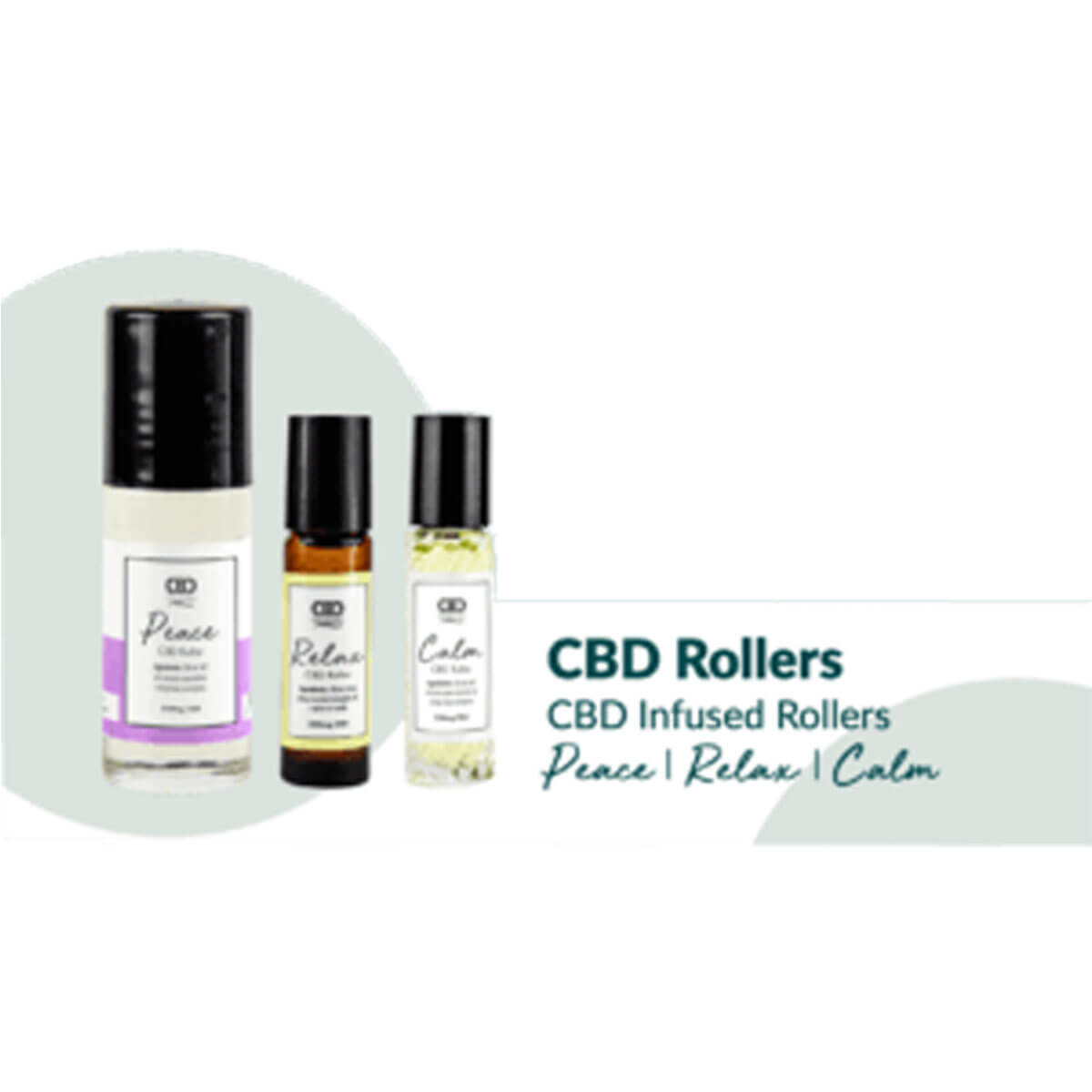 Three cbd infused rollers labeled "peace," "relax," and "calm" against a light background.